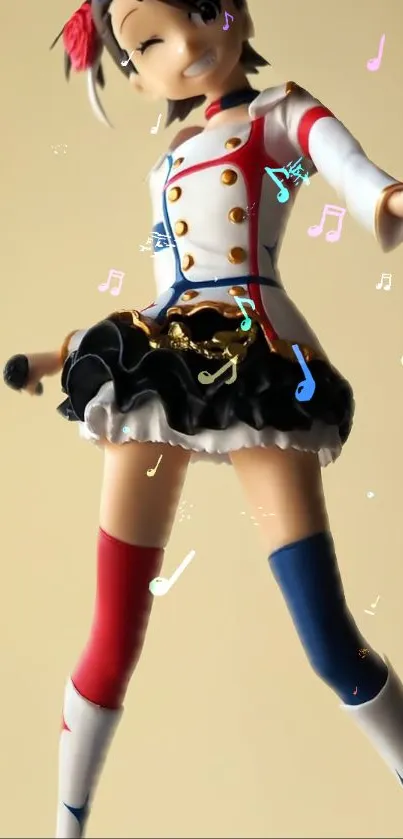 Anime figure in colorful uniform with musical notes in the background.