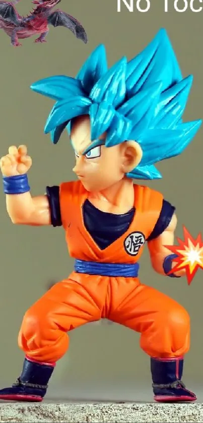 Anime figurine with blue hair and orange outfit in dynamic pose.