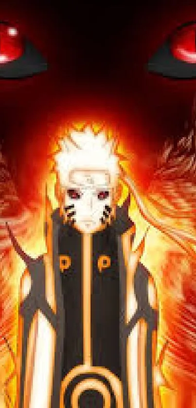 Fiery anime character with glowing effects on vibrant orange background.