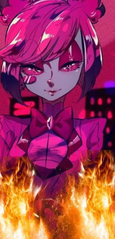 Pink anime character with flames background mobile wallpaper.