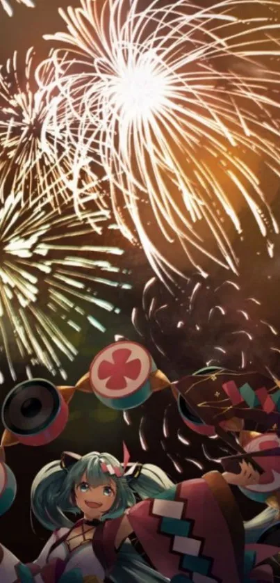 Anime character with fireworks display background for mobile wallpaper.