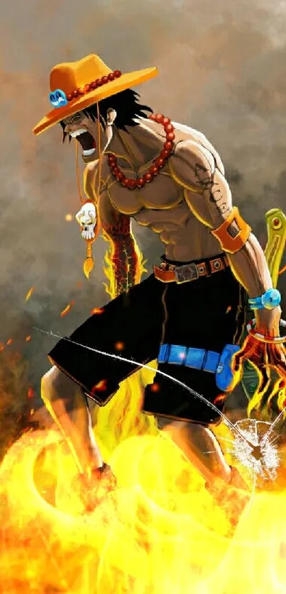 Anime hero amidst fiery flames in dynamic pose.