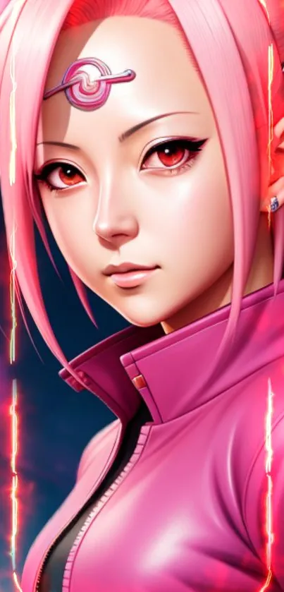 Anime character with pink hair and fiery background.