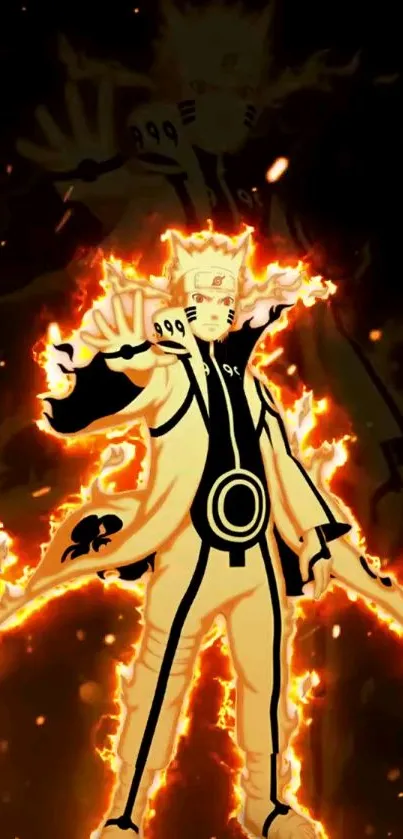 Anime character surrounded by bright flames on a dark background.