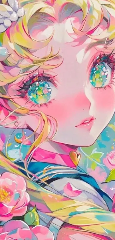 Anime girl with floral background, colorful art.