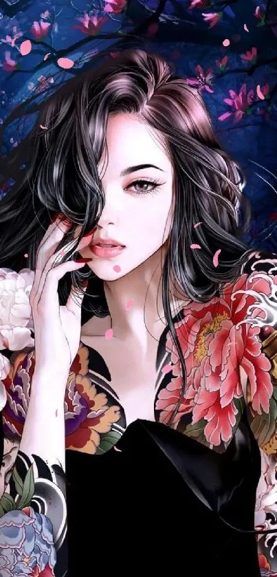 Anime woman with floral tattoos and dark blue background.