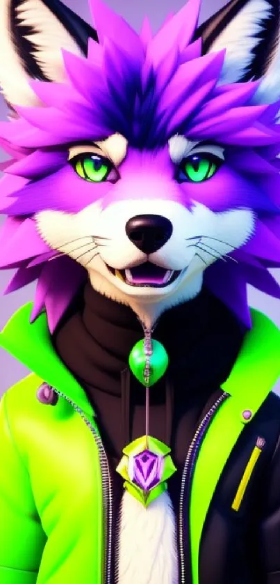 Anime fox with purple fur and neon green accents, posing stylishly.