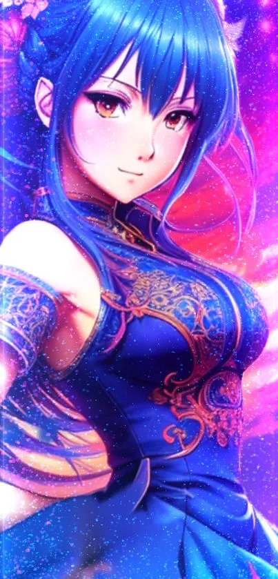 Anime character with vibrant galaxy background and colorful starry hues.