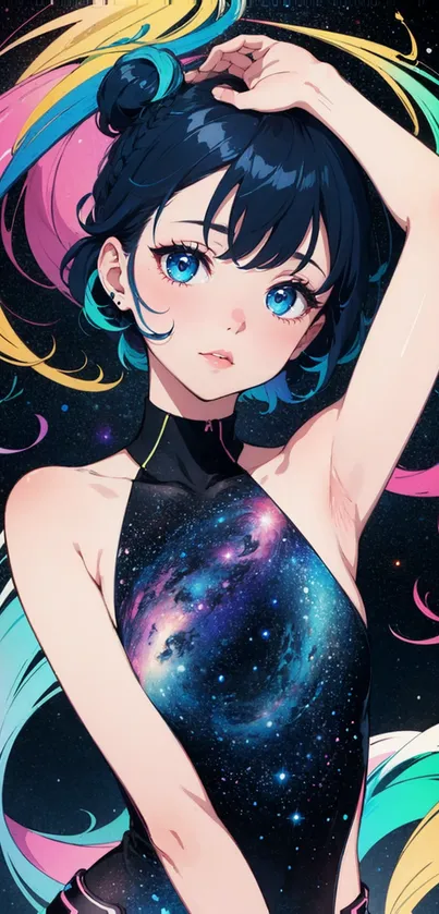 Anime character with galaxy design in vibrant colors on black background.