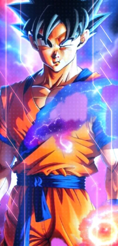 Anime hero with an energetic cosmic backdrop.