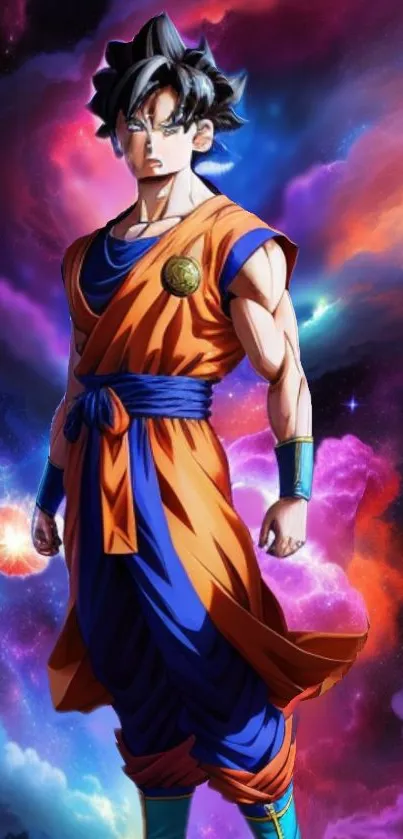 Anime warrior standing in a vibrant galaxy with colorful cosmic background.