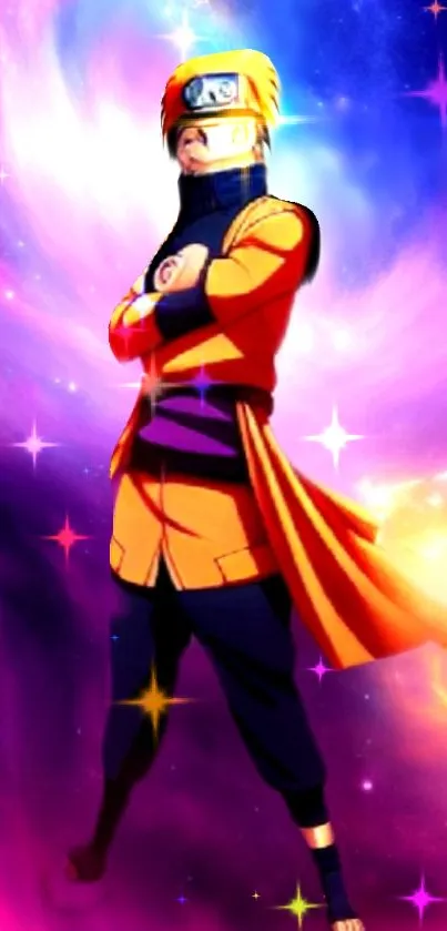 Anime ninja with cosmic galaxy background in vibrant colors.