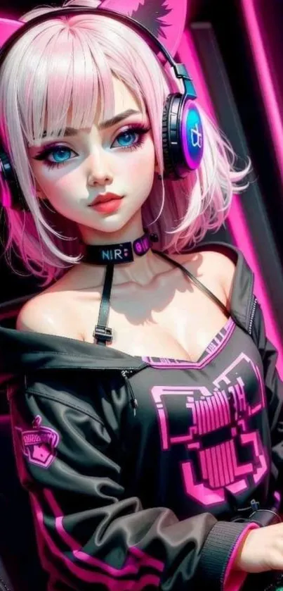 Anime girl with headphones in neon lighting. Futuristic gaming vibe.