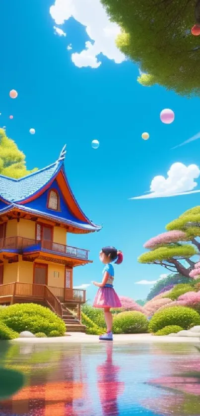 Anime-inspired garden with Japanese house under blue sky.