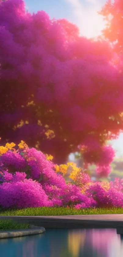 Vibrant anime garden with pink blossoms and sunlight.