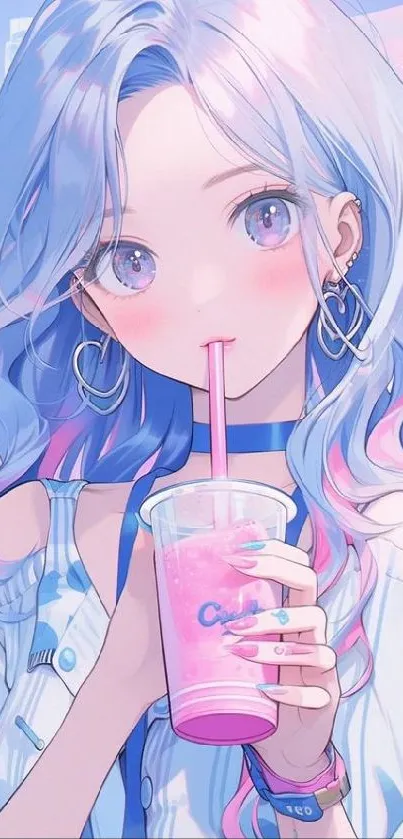 Anime girl with pastel hair sipping a drink, vibrant and colorful.