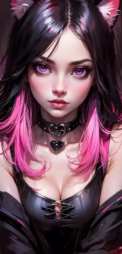 Anime girl with pink highlights and dark aesthetic.