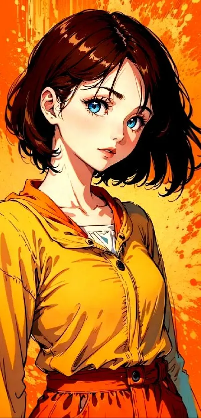 Vibrant anime girl with blue eyes on orange background.