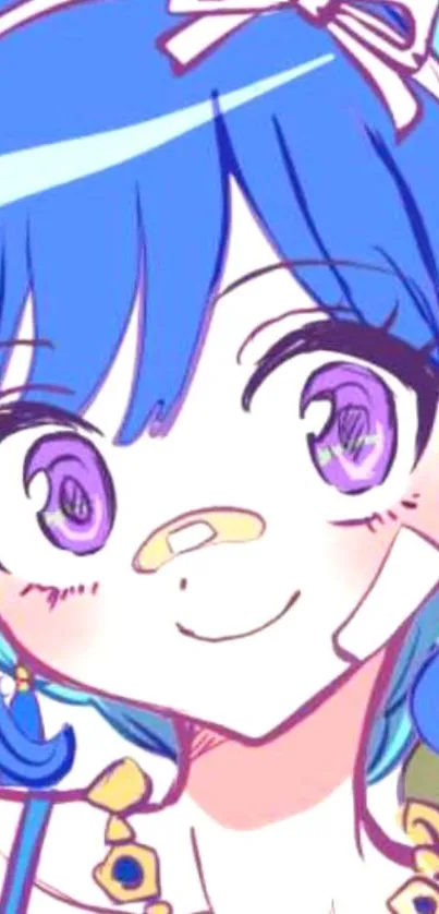 Anime girl with blue hair and purple eyes in vibrant style.