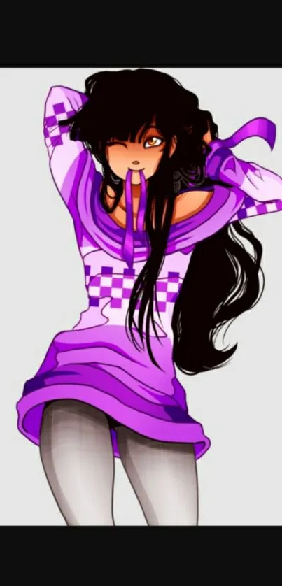 Anime girl with long hair in a purple dress.