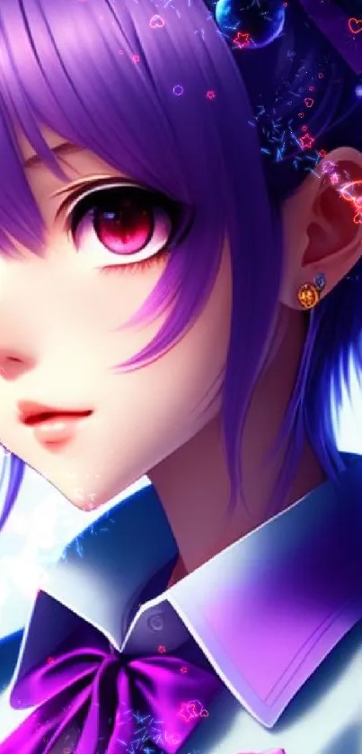 Anime girl with purple hair and vibrant colors in digital artwork.