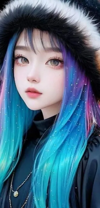 Vibrant anime girl with multicolored hair and a fluffy hat.