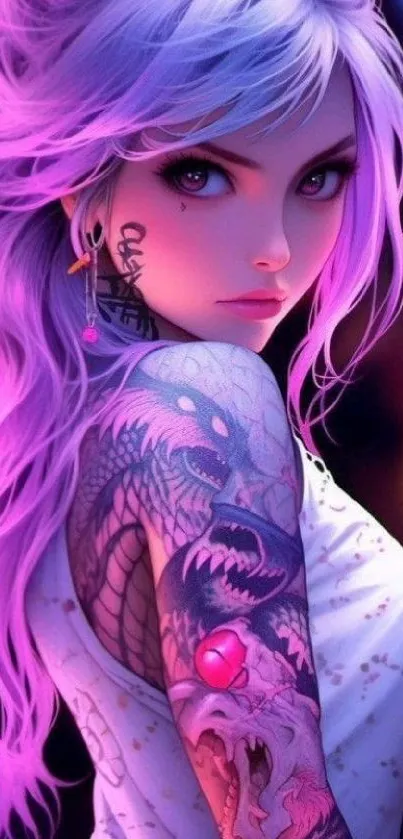 Anime girl with vibrant tattoos and purple hair, digital art style.