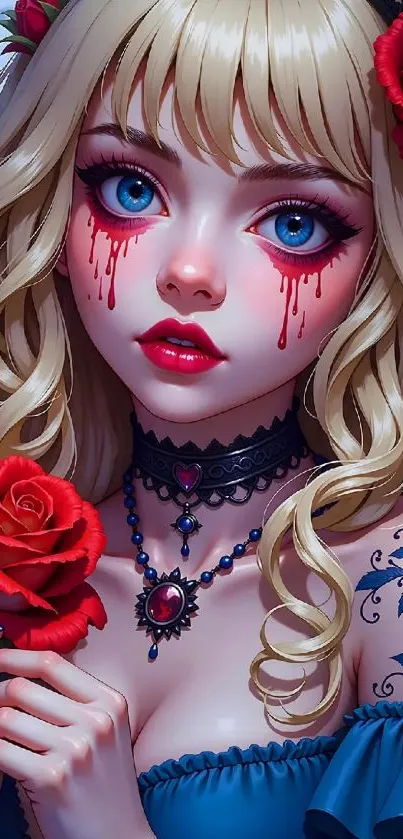 Anime girl with blue eyes and roses, artistic wallpaper.