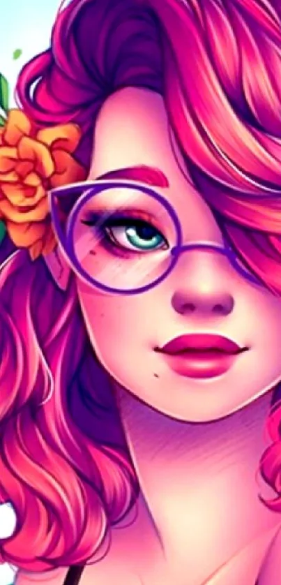 Vibrant anime girl wallpaper with glasses and pink hair.