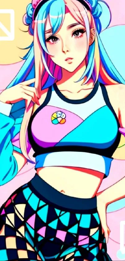 Vibrant anime girl wearing colorful fashion in artistic mobile wallpaper.