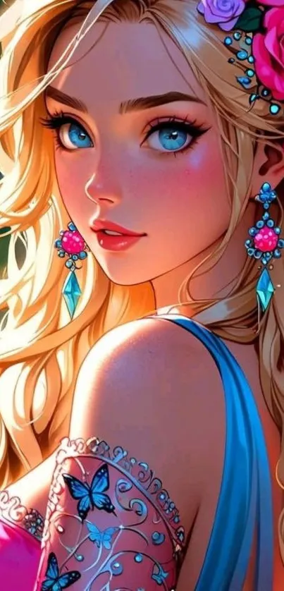 Anime girl with flowers, vibrant colors.