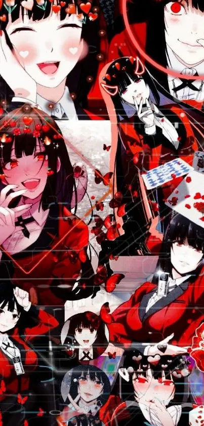 Anime girl collage in vibrant red and black hues.