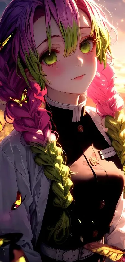 Anime girl with vibrant braids and butterflies in sunset.