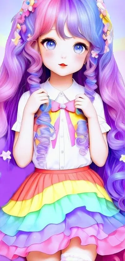 Anime girl with purple hair and rainbow skirt in colorful fantasy art.