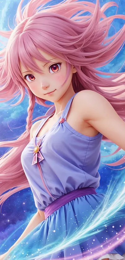 Anime girl with pink hair in a vibrant fantasy setting.