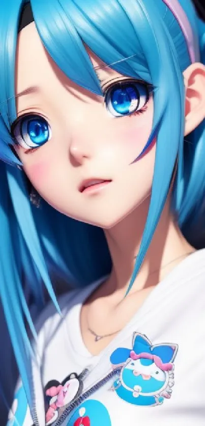 Anime girl with blue hair and expressive eyes in digital art for mobile wallpaper.