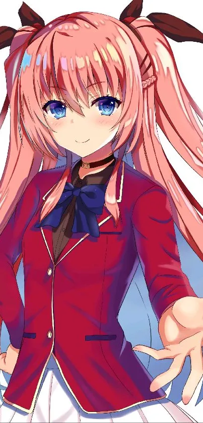 Anime girl with pink hair and red jacket extends hand.