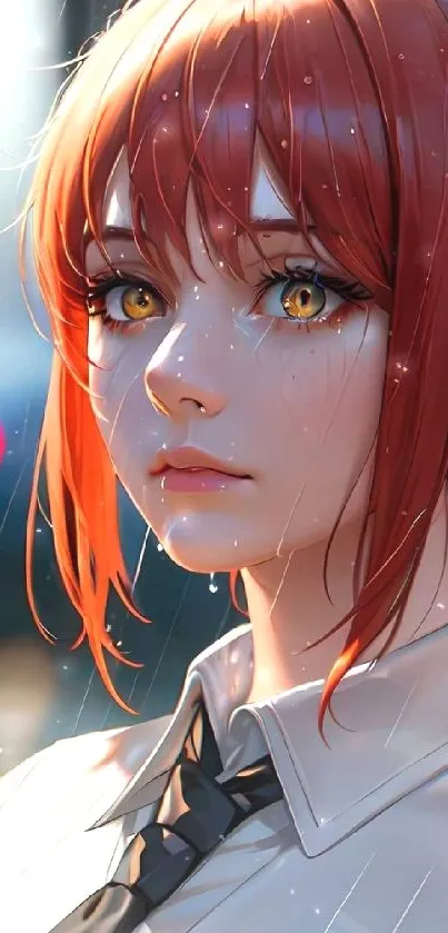 Artistic anime girl with red hair in the rain, vibrant colors.