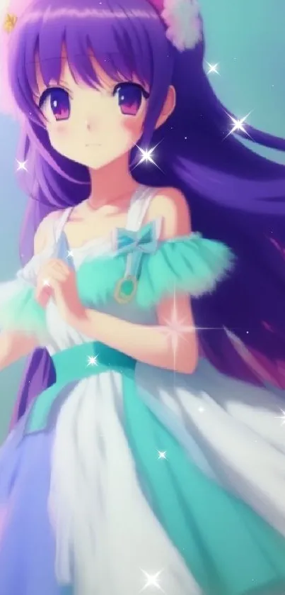 Anime girl with purple hair and a colorful dress against a vibrant background.