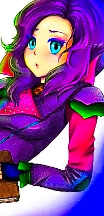 Vibrant anime character with purple outfit and green energy on mobile wallpaper.