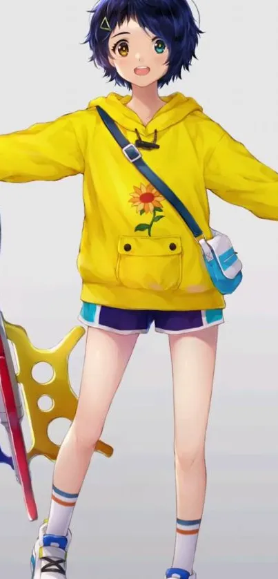 Anime girl in yellow hoodie with playful accessories.