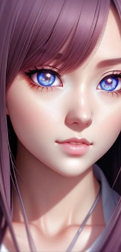 Anime girl with purple hair and captivating eyes.