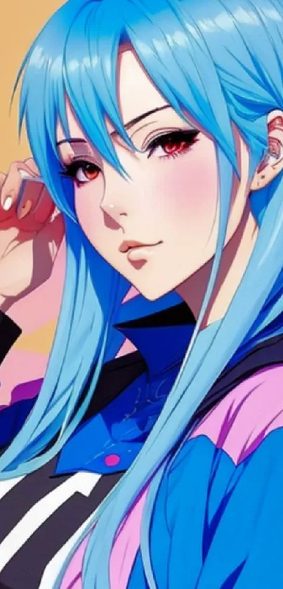 Anime girl with blue hair and vibrant outfit on a colorful background.