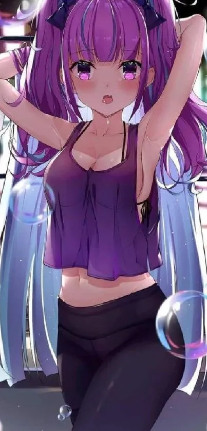 Anime girl with purple hair surrounded by bubbles.