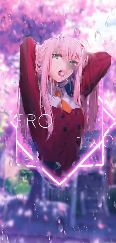 Anime girl with pink hair and neon accents in a dreamy wallpaper.