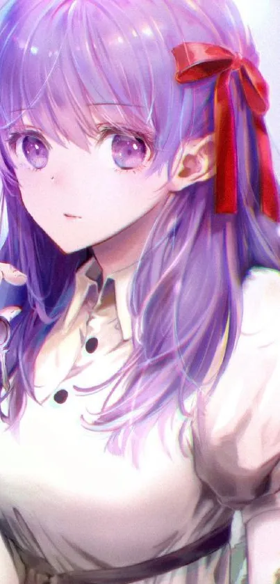 Anime girl with pastel purple hair and red ribbons.