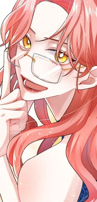 Anime girl with glasses and pink hair in colorful wallpaper.