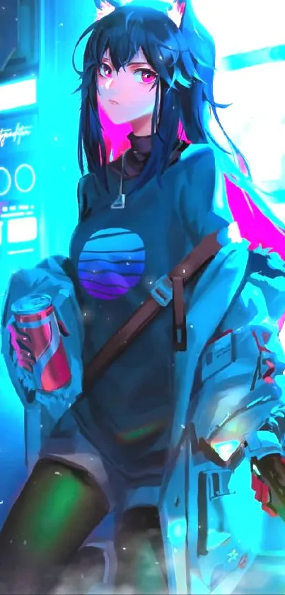 Anime girl in vibrant neon setting with striking blue and pink hues.