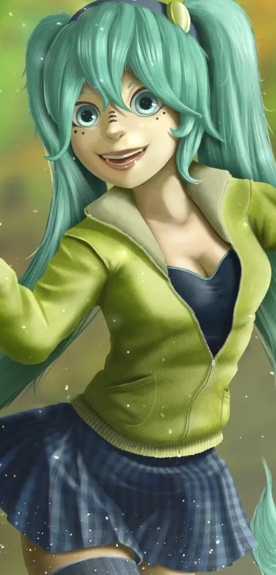 Vibrant anime girl with teal hair in dynamic pose.