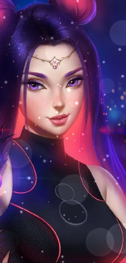 Anime girl with purple hair and glowing effects in a futuristic theme.